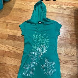 Teal Hooded T-Shirt Dress with Fleur-de-Lis Design